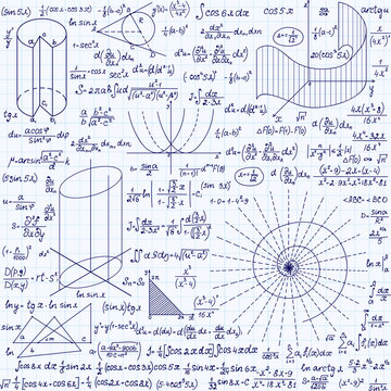 Mathematical vector seamless pattern with geometrical figures, plots and equations, "handwritten on the grid copybook paper". Endless mathematical texture