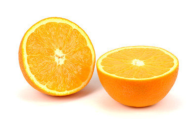 Orange fruit half  two segments  isolated on white background