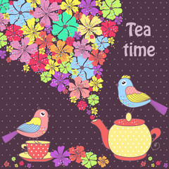 Beautiful pattern postcard with birds, and a cup of tea on a purple background with flowers