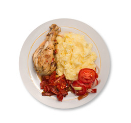 meat, lettuce, tomatoes, peppers and potatoes on a plate