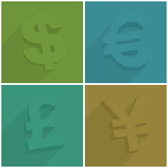Set of money symbols with shadow on color, vector illustration