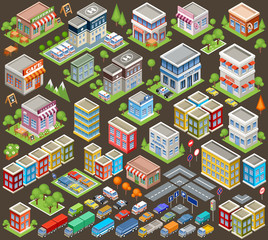 Big isometric set of buildings and houses. Infrastructure. Road