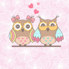 Beautiful card with owls in love on branch on a pink lace background