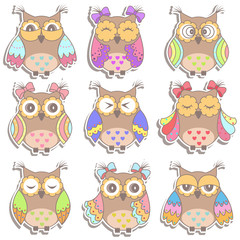 Set of multicolored, beautiful owls