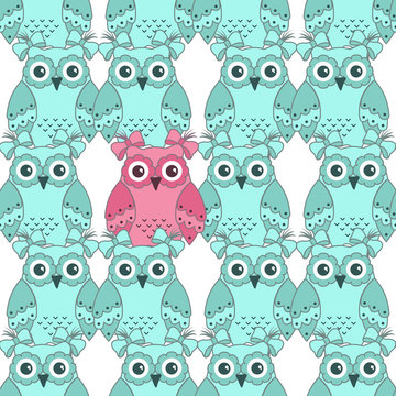 Seamless pattern of pink and blue owls on a white background
