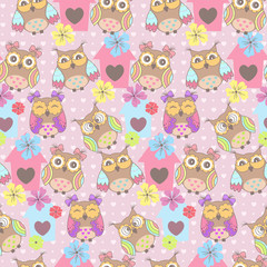 Beautiful seamless pattern with cute owls and birdhouse