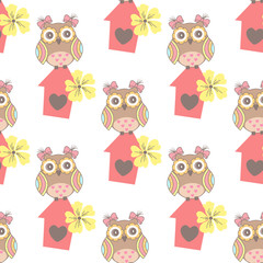 Naklejka premium Beautiful seamless pattern with cute owls and birdhouse