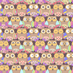Obraz premium Seamless pattern of owls on a dark background