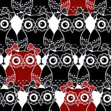 Seamless pattern with black and red owls