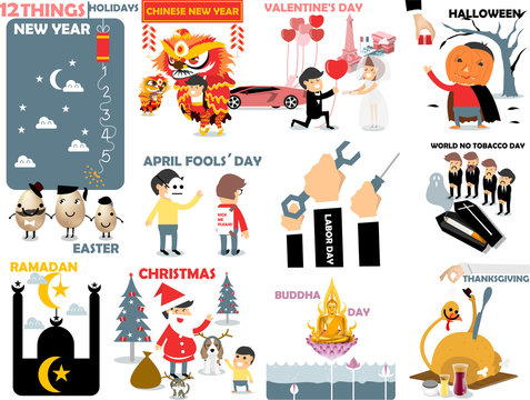 beautiful graphic of 12 international holidays: new year,chinese new year,valentine's day,halloween,easter,april fools' day,labor,world no tobacco,ramadan,christmas,buddha day,thanksgiving