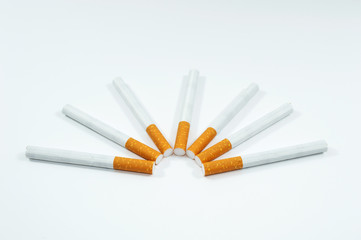 Cigarrillos en abanico sobre fondo blanco
