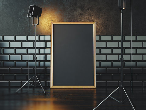 Black poster on the floor and two lamps. 3d rendering