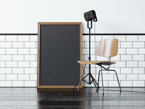 Black poster near the chair. 3d rendering