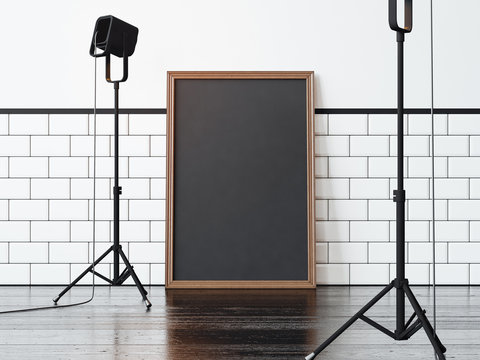 Black poster on the floor and two lamps, black floor. 3d