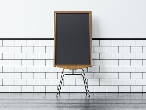 Black poster on the chair and white vintage wall. 3d rendering