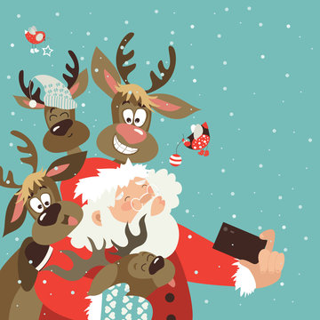 Santa And Reindeers Take A Selfie