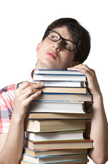  Pensive girl near  a stack of books
