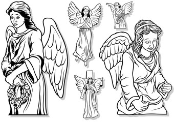 Angel Set - Black Outlined Illustrations, Vector