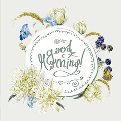 Floral Round Frame with Chrysanthemums