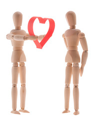 two wooden figure dummy mannequin, give romantic gift a big red heart, made of paper tape in the shape of heart isolated on a white background - pictures concept theme Love and St. Valentine's Day