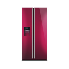 American style fridge freezer isolated on white, cherry color. The external LED display, with blue glow. Modern refrigerator