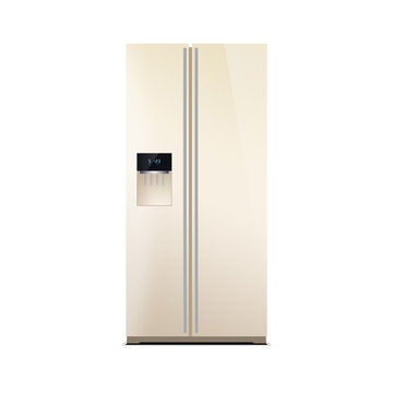 American style fridge freezer isolated on white, beige color. The external LED display, with blue glow. Modern refrigerator