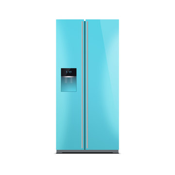 American style fridge freezer isolated on white, blue color. The external LED display, with blue glow. Modern refrigerator