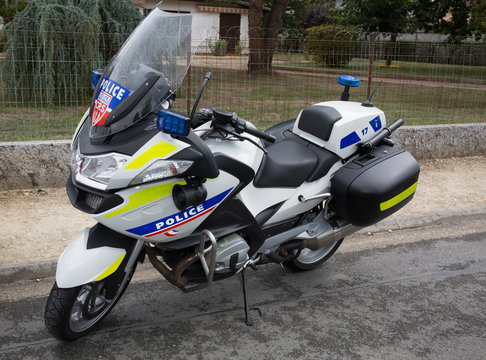 Police motorbikes parked on the street. The National Police
