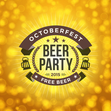 Beer Party. Octoberfest Celebration. Retro Style Badge Vector Template on Bright Yellow Background
