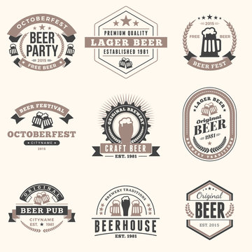 Set of Retro Vintage Beer Badges, Labels, Logos in Brown Colors on Light Background. Vector Illustration