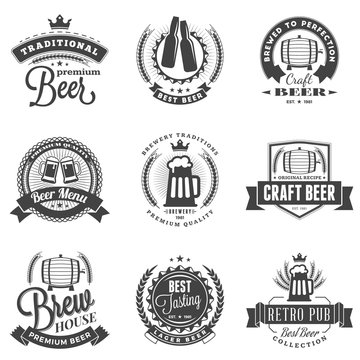 Set of Retro Vintage Beer Badges, Labels, Logos. Black and White Vector Illustration