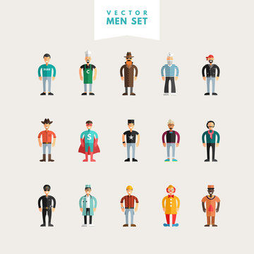 Set of Flat Design Professional People Characters. Men Set. Sailor, Cowboy, Stylist, Policeman, Clown, Painter, Cook, Spy, Superman, Doctor, Worker
