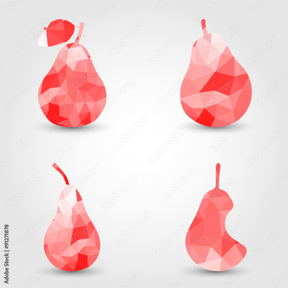 Poster collection of red pear polygon icon in modern style with shadow and gray background. bright geometri
