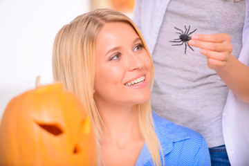 Pretty girls preparing for Halloween party 