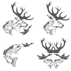 Set of vintage hunting and fishing labels and design elements