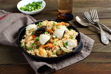 Spanish paella with seafood and spices