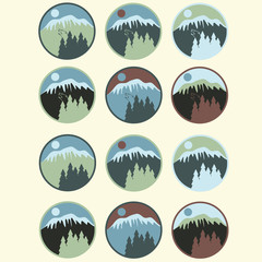 set of vintage labels with mountain,pines and wolf