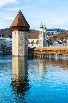 Panoramic view of wooden Chapel bridge and old town of Lucerne, Switzerland 