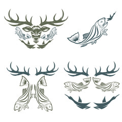 Set of vintage hunting and fishing labels and design elements