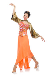 Fototapeta premium Woman in orange dress isolated on white