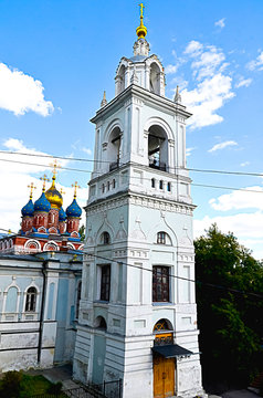 Solitary white bell tower in Moscow