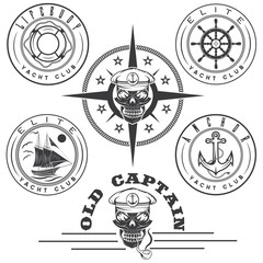 set of vintage labels with boat ,captain skull ,wheel,anchor and