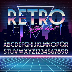 Shiny Chrome Alphabet in 80s Retro Futurism style. Vector font on cityscape background