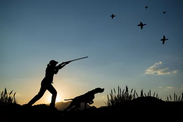 Printed roller blinds Hunting Silhouette of woman hunter at sunset. Duck hunting with dogs.