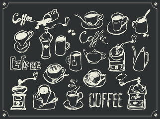 set drawing chalk on blackboard utensils for drinking tea and coffee