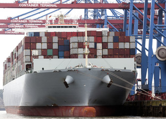 Containerschiff an einem Containerterminal in Hamburg, Deutschla