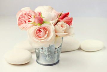 Pink roses in garden tin bucket creamy tones soft focus 