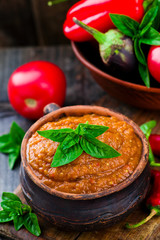 eggplant paste in a ceramic pot