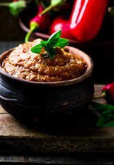 eggplant paste in a ceramic pot