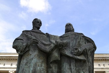 Saints Cyril and Methodius holding the Cyrillic alphabet